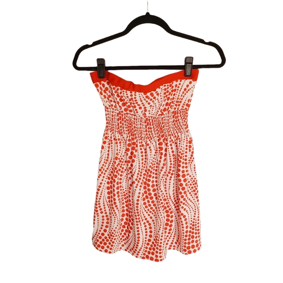 WET SEAL Red Polka Dot Wave Swirl Print White Strapless Smocked Top Small - Picture 4 of 7